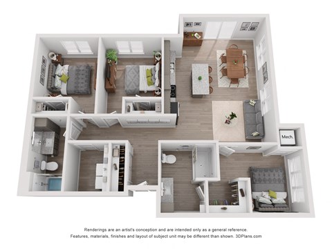 Floor plan for 3 beds, 2 baths, 1308 sqft